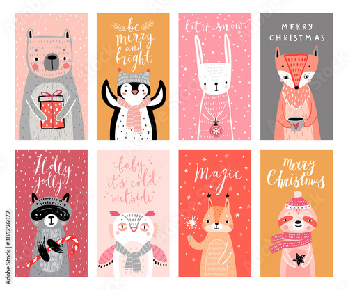 Cute cards with woodland animals celebrating Christmas eve, having fun, drinking tea. Funny characters.