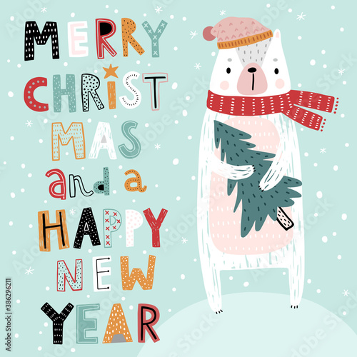 Christmas card with cute Bear and Hand drawn Lettering - Merry Christmas.