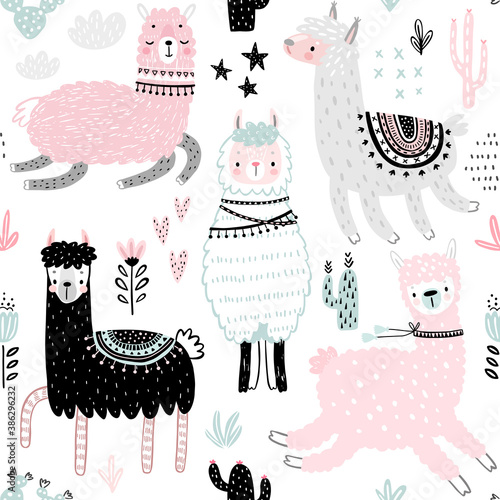 Seamless pattern with Cute Llamas. Childish Alpaca background characters with cacti and other elements.