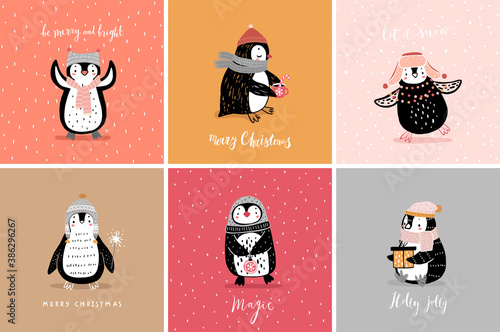Cute penguins cards celebrating Christmas eve, having fun, drinking tea. Funny characters.