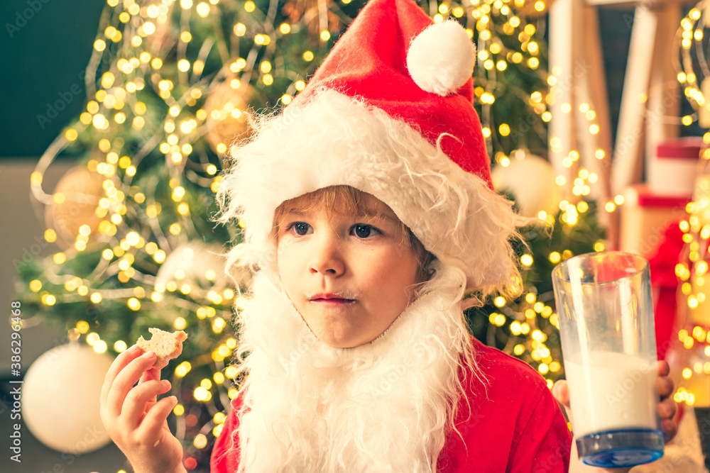Close up of little Santa child holding chocolate cookie and glass of milk. Christmas food and drink. Merry Christmas. Santa picking cookie. Santa Claus enjoys cookies and milk left out for him on Close up of little Santa child holding chocolate cookie and glass of milk. Christmas food and drink. Merry Christmas. Santa picking cookie. Santa Claus enjoys cookies and milk left out for him on