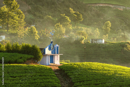 Small christian chapel in beautiful tea plantations in Munnar, Kerala, India.