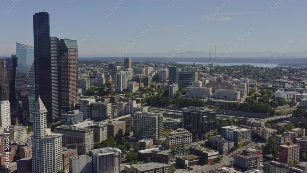 Seattle Washington Aerial v123 pan left shot of skyscrapers in midtown and Elliot Bay - June 2020 Seattle Washington Aerial v123 pan left shot of skyscrapers in midtown and Elliot Bay - June 2020