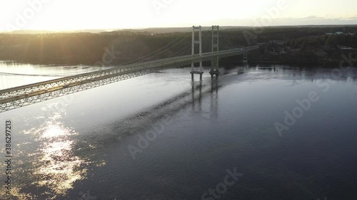 Aerial / drone footage of the Tacoma Narrows suspension bridge in Tacoma, Washington, Pierce County during the COVID-19 lockdown photo