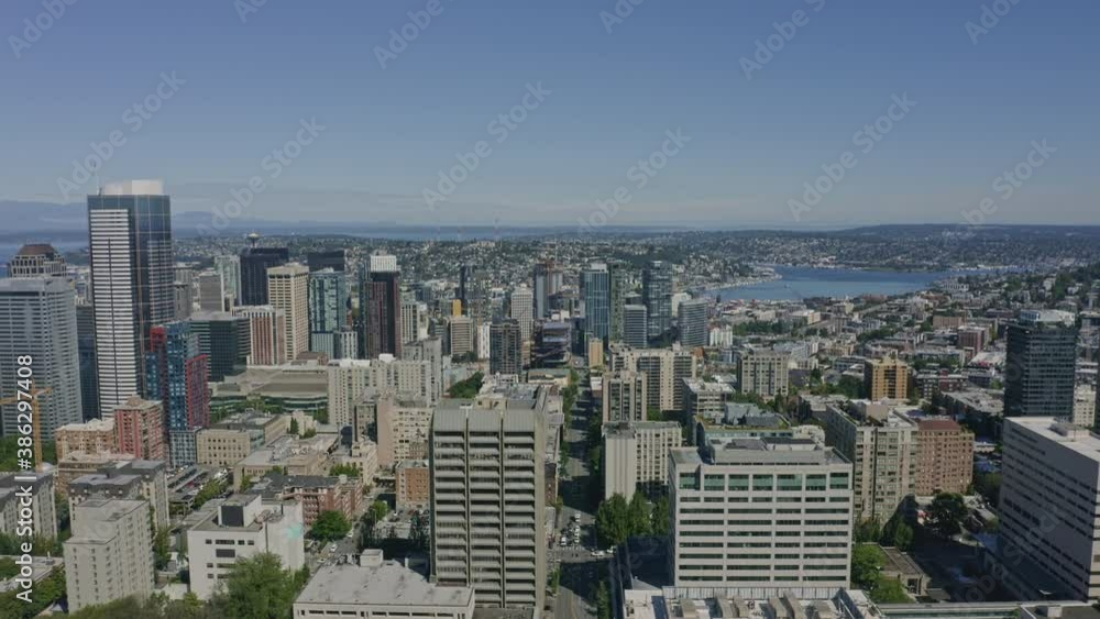 Seattle Washington Aerial v118 birdseye shot of First Hill neighborhood and Lake Washington - June 2020 Seattle Washington Aerial v118 birdseye shot of First Hill neighborhood and Lake Washington - June 2020