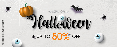 Shop banner and sale advertising with sign object of Halloween day in 3d and paper cut style on white paper pattern background. All in banner and vector design.