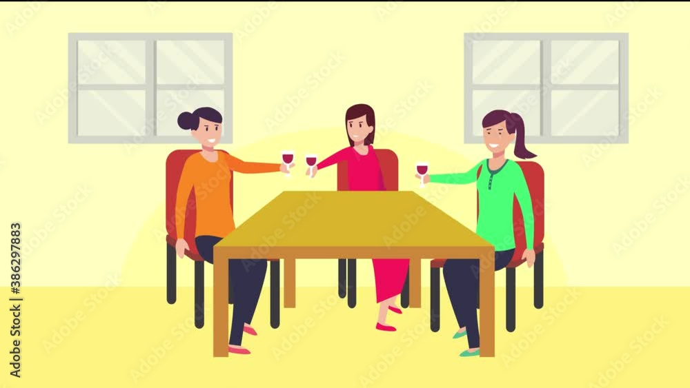 Three young women toast glasses of wine in cafe Three young women toast glasses of wine in cafe