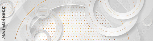 Shiny geometric abstract grey background with circles and golden dots. Vector banner design