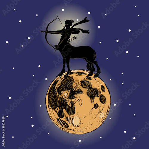 Female archer centaur standing on full moon in starry night sky. Creative mythological concept.