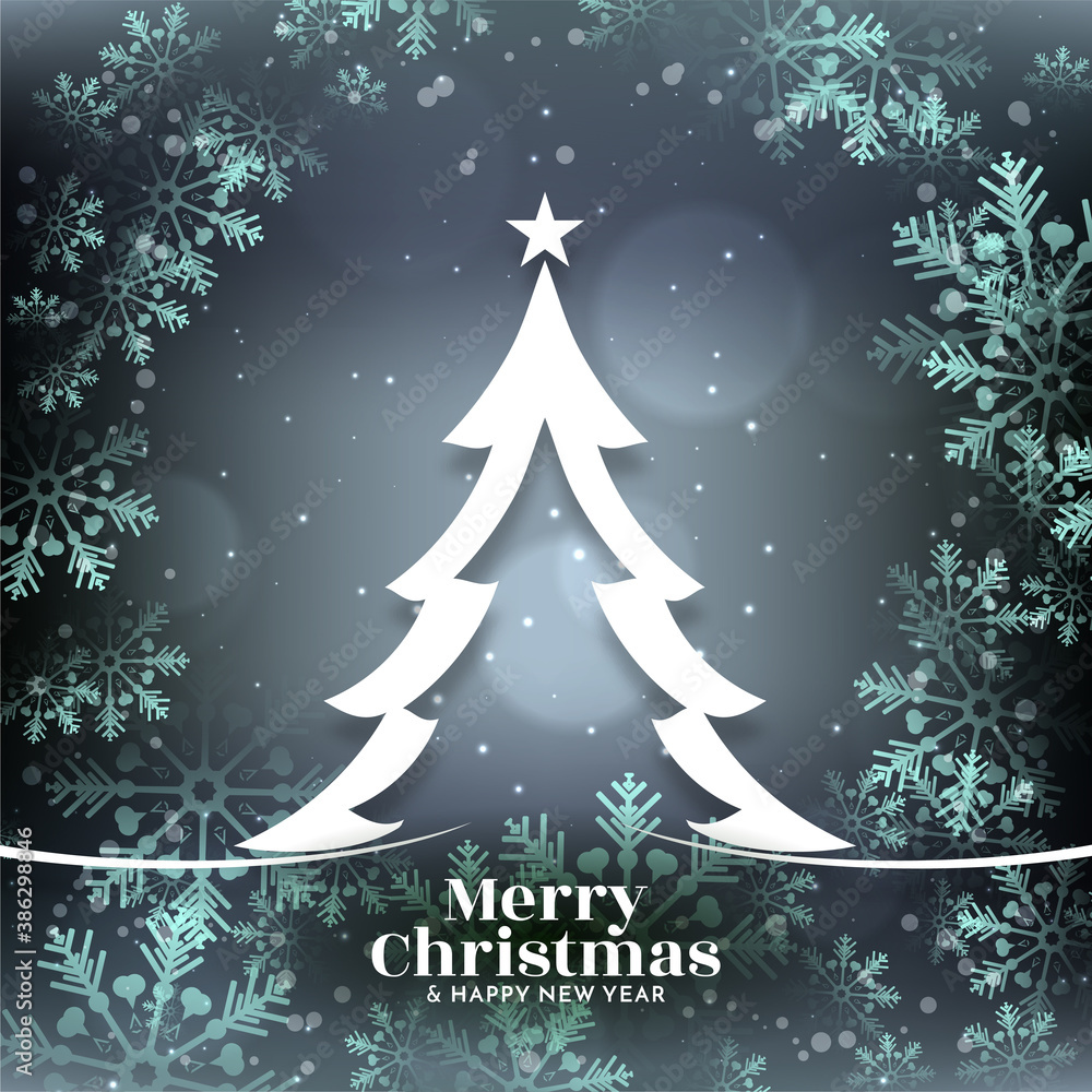 Glossy snowflakes Merry Christmas bright background with tree