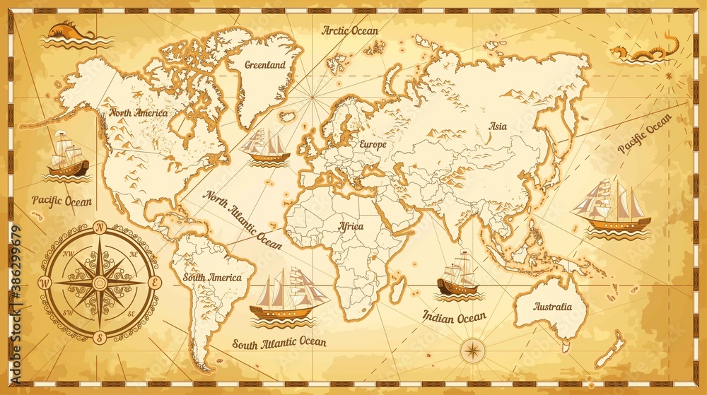 Ancient world map ships and continents compass marine navigation