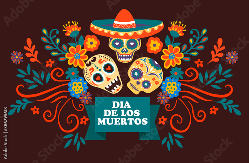 Dia de los muertos, skulls with sombrero and flowers