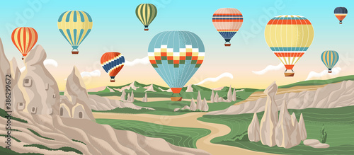 Hot air balloons over Cappadocia rocks landscape. Adventure travel in Turkey concept vector illustration. Summer vacation, travel by air balloon