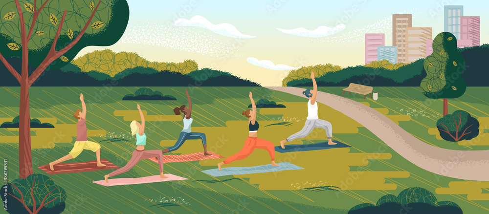 Outdoor yoga class in city park. Yoga exercise concept vector illustration. Young women training together with male instructor, cartoon characters. Healthy lifestyle, sport activity Outdoor yoga class in city park. Yoga exercise concept vector illustration. Young women training together with male instructor, cartoon characters. Healthy lifestyle, sport activity