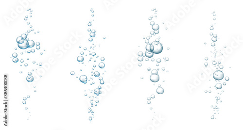 Blue fizzy bubbles. Sparkles underwater stream in water, sea, aquarium. Fizzy pop and effervescent drink. Abstract fresh soda bubbles. Vector illustration.