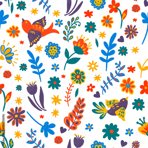 Flowers and foliage with flying birds seamless pattern