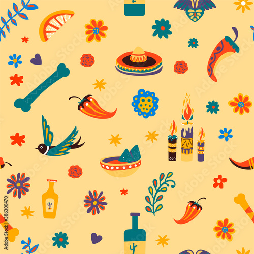 Mexico traditional symbols and cultural signs seamless pattern