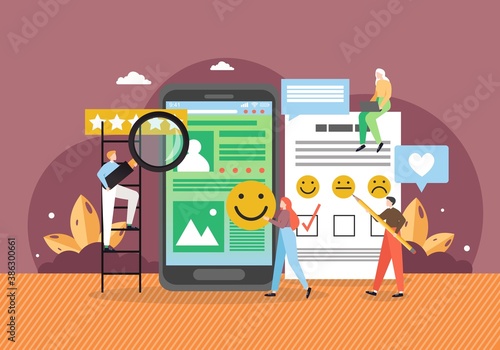 Business people collecting stars, using smile faces in survey questions flat vector illustration. Customer review rating