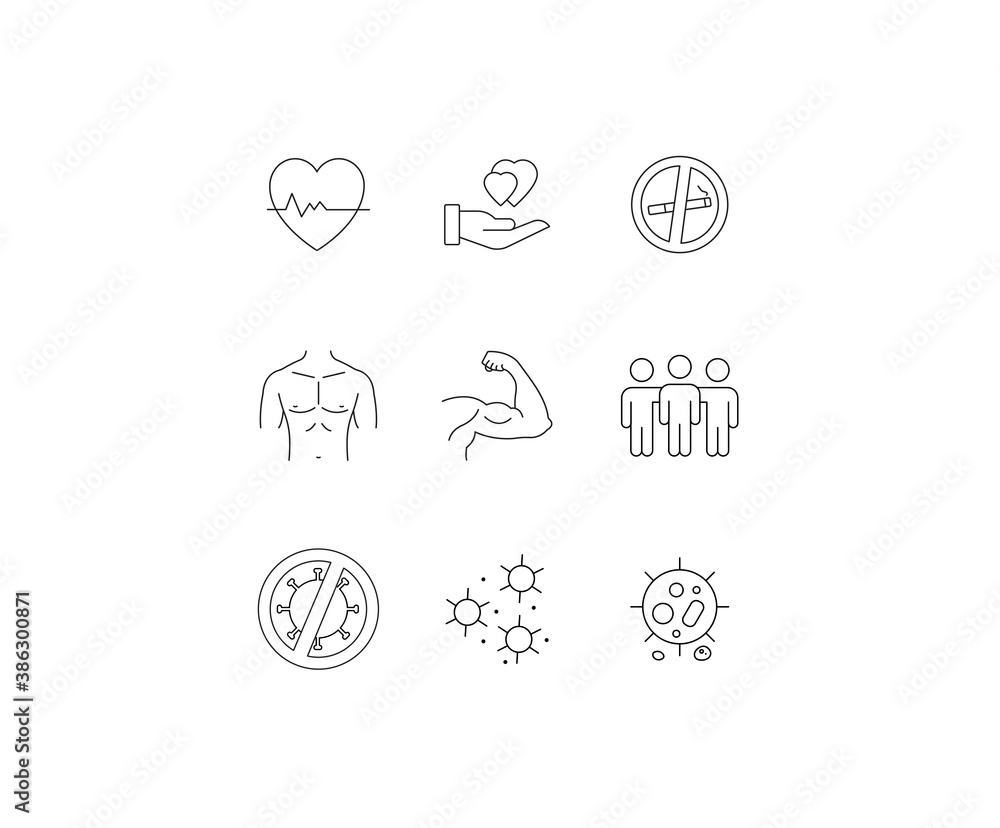 Support, health icon set. Health, bacteria, exercise, support, safe, secure, limited, mucus, minimal vector illustrations. Minimal outline stroke icon set for websites. Support, health icon set. Health, bacteria, exercise, support, safe, secure, limited, mucus, minimal vector illustrations. Minimal outline stroke icon set for websites.