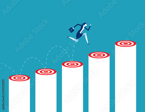 Businesswoman jumps up target step. Achievement the goal
