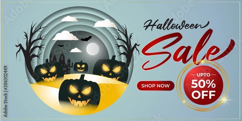 Vector illustration of Halloween sale with scary pumpkins on paper cut background  up to 50  off  limited offer  spooky night background  template for offer  sale  party flyer