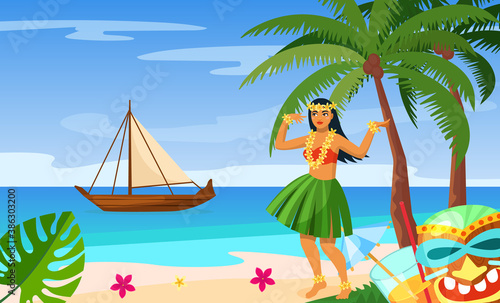 Hawaiian party. Hawaiian girl in traditional dress made of leaves, dancing on beach among palm trees and tropical plants near small boat with sails. Tropical vector hawaiian beach party