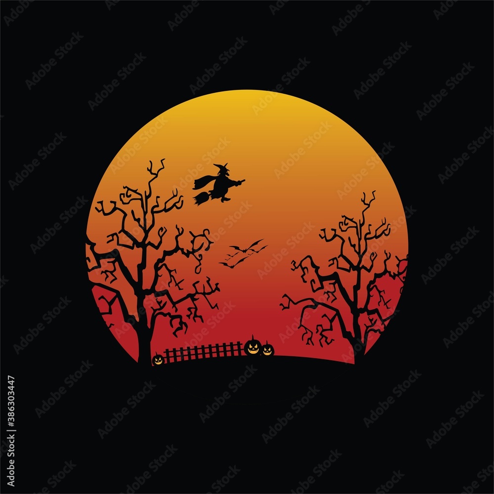vector. Halloween themed vampire castle and tree silhouette vector logo, and a witch is flying