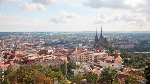 Beautiful view of European city with cathedral and historic buildings in Brno, Czech Republic - timelapse photo