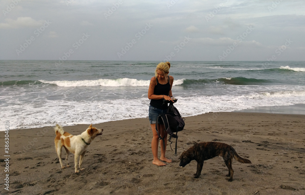 A woman playing with the dogs at Canggu beach Bali Indonesia A woman playing with the dogs at Canggu beach Bali Indonesia