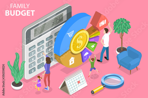3D Isometric Flat Vector Conceptual Illustration of Family Budget Management, Financial Calculations and Planning.