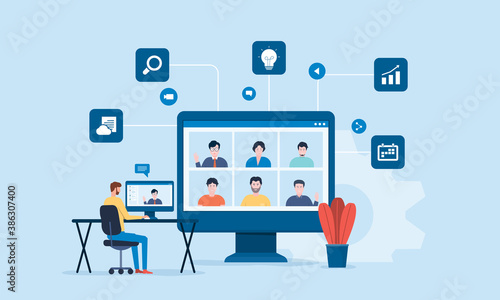 people connecting online with teleconference and video conference for meeting learning remote working and work from home concept. flat vector illustration design