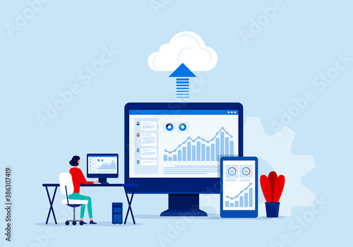 flat vector business technology cloud computing service concept and with developer team working   on dashboard monitor concept
