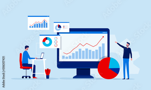 business people team analytics and monitoring on web report dashboard monitor concept and vector illustration business working concept