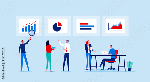 Business financial and investment team meeting for business planning and analytics monitor chart and graph report concept