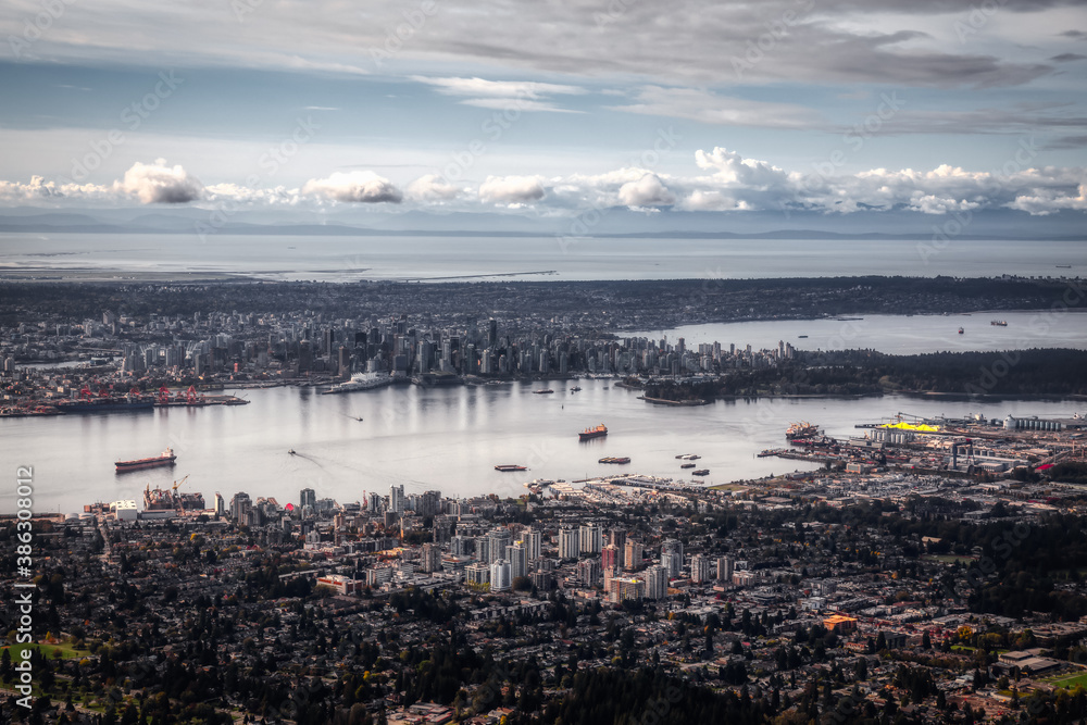 Aerial view of North Vancouver with Downtown City in the Background. Taken during sunny morning in British Columbia, Canada. Artistic Render