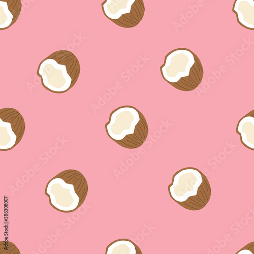 Seamless pink pattern with coconuts . Half a coconut. Summer and paradise background. Wallpaper, print, wrapping paper, modern textile design, banner, poster. Vector illustration.