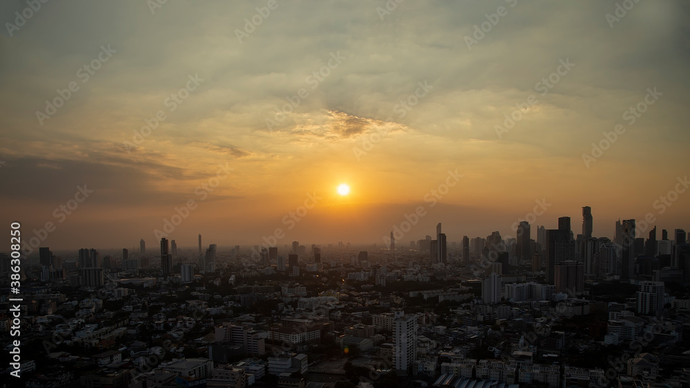 Panorama of the Cityscape of the office building in capital with sunset on the sky at Bangkok ,Thailand.