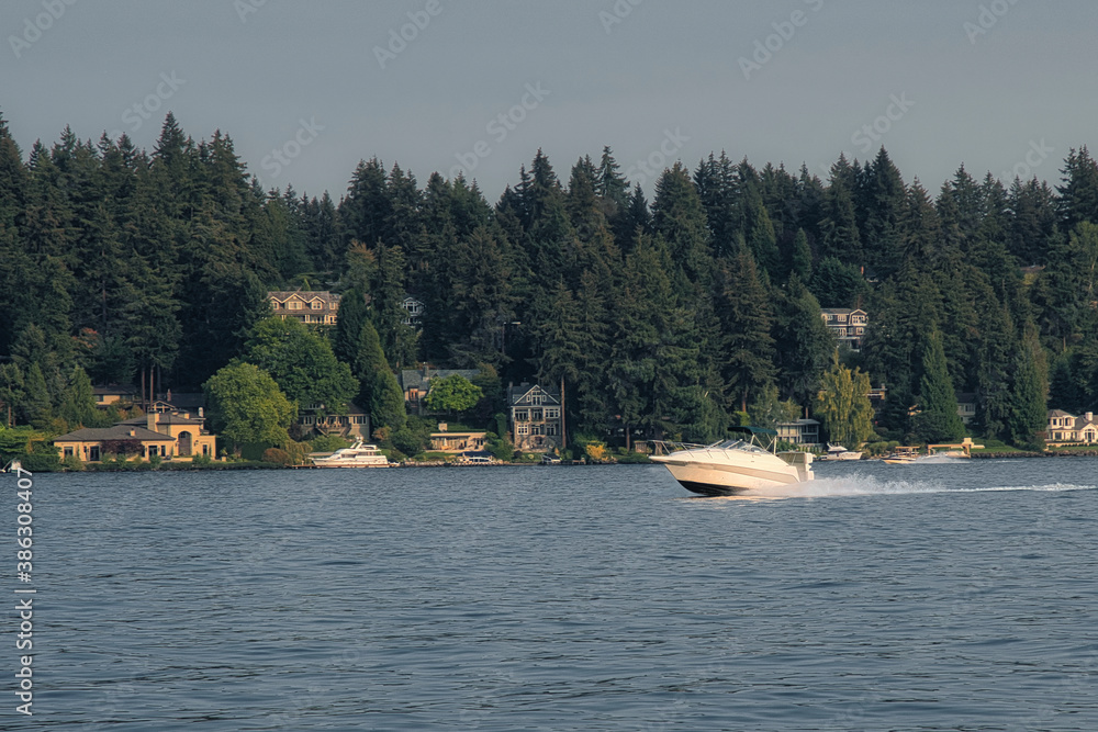 Fototapeta premium 2020-10-18 A LONE SPEEDBOAT ON LAKE WASHINGTON ALONG THE BELLEVUE WASHINGTON SHORELINE
