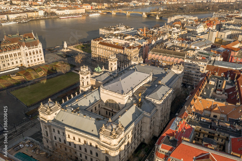 Aerial drone view of Museum of Ethnography in Budapest Kossuth Square © Davidzfr