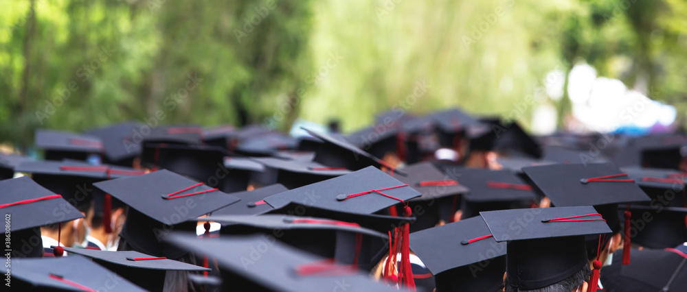 Group of Graduates during commencement stand in row. Concept education congratulation in University. Graduation Ceremony. Group of Graduates during commencement stand in row. Concept education congratulation in University. Graduation Ceremony.