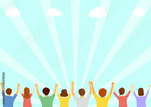 手を繋ぐ人達　万歳　青空背景