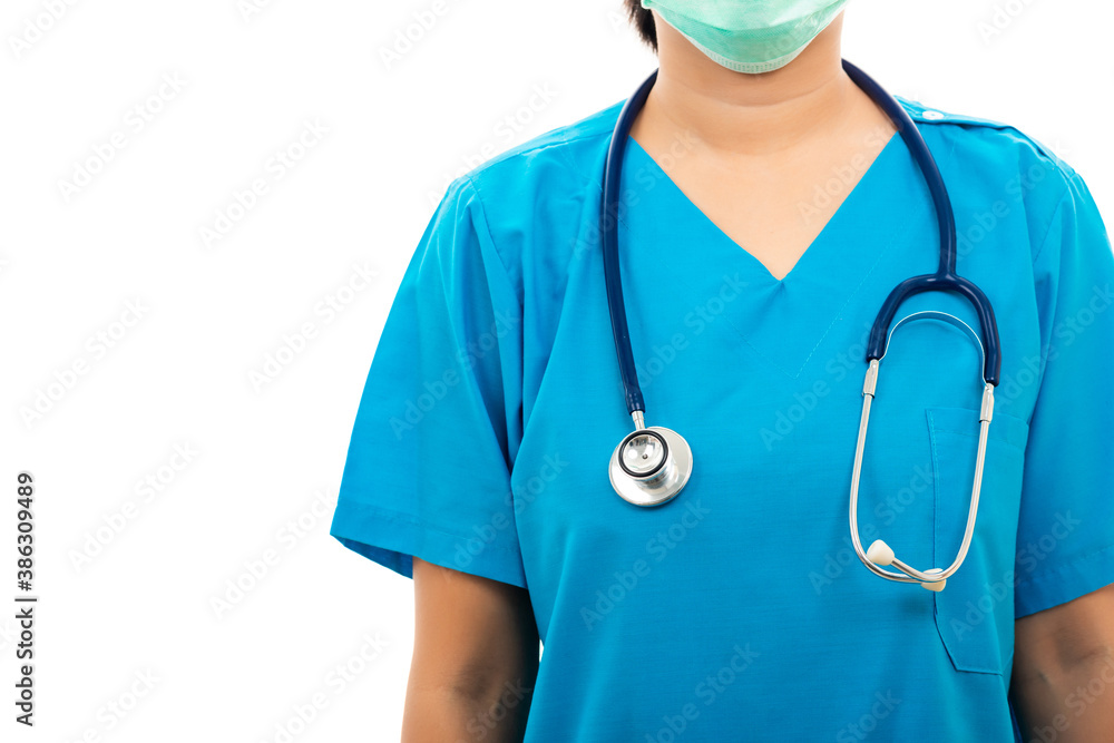 A confident female nurse standing with stethoscope, woman doctor in blue uniform, studio shot isolated on over white background, medical health concept A confident female nurse standing with stethoscope, woman doctor in blue uniform, studio shot isolated on over white background, medical health concept
