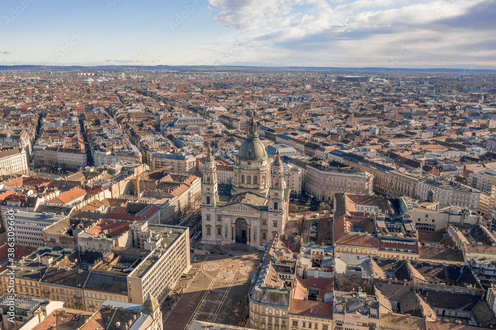 Aerial drone shot of St. Stephen Basilica at Budapest winter morning