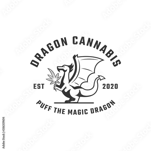 dragon bring cannabis on his hands logo emblem. vector illustration
