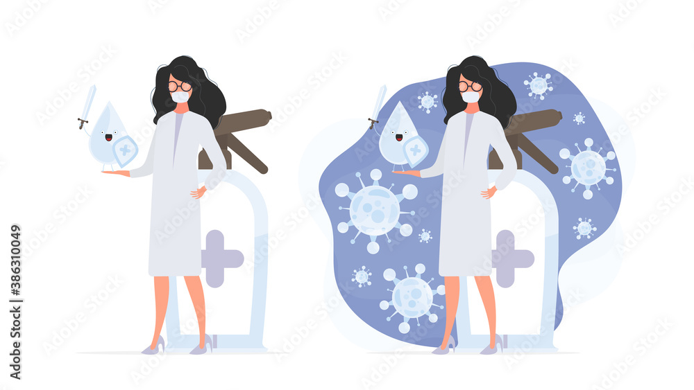 Set for a poster or presentation. Girl doctor holds a sanitizer in her hands. Medical woman in a white coat. Antiseptic. Vector. Set for a poster or presentation. Girl doctor holds a sanitizer in her hands. Medical woman in a white coat. Antiseptic. Vector.