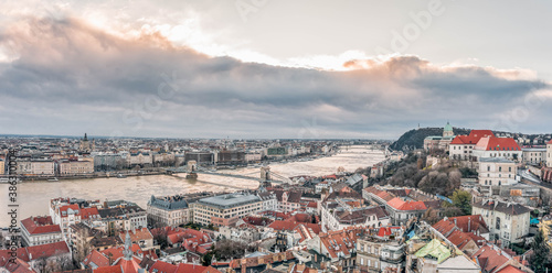 Aerial drone shot of Danube river by Buda Hill in Budapest winter morning