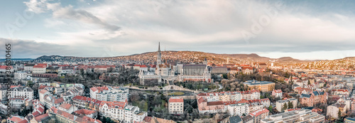 Aerial panoramic drone shot of Fisherman's Bastion on buda Hill in Budapest winter morning