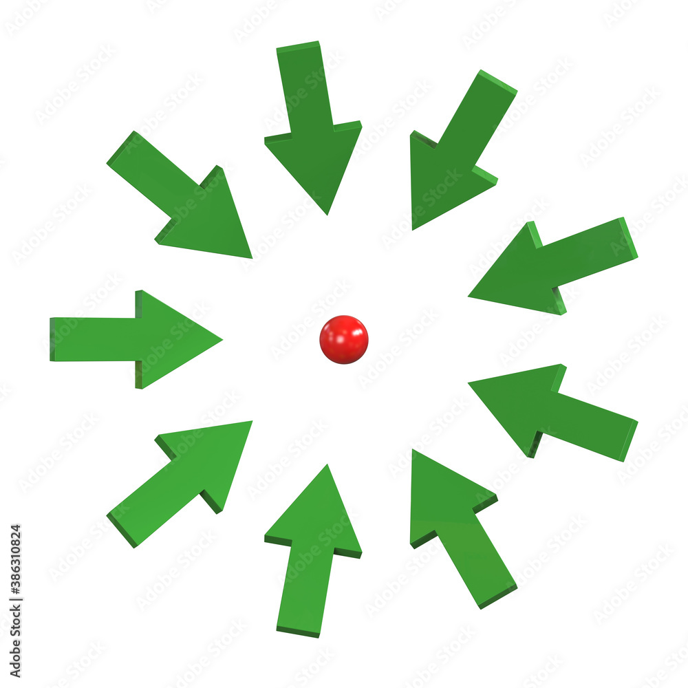 Green arrows aiming on small red ball on white background Green arrows aiming on small red ball on white background