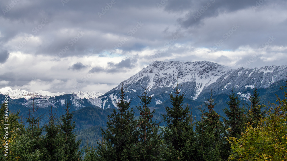Bergzug oberhalb von Mautern (Aussicht vom wilden Berg) , schneebedeckte Landschaft im Spätherbst, Steiermark, Österreich