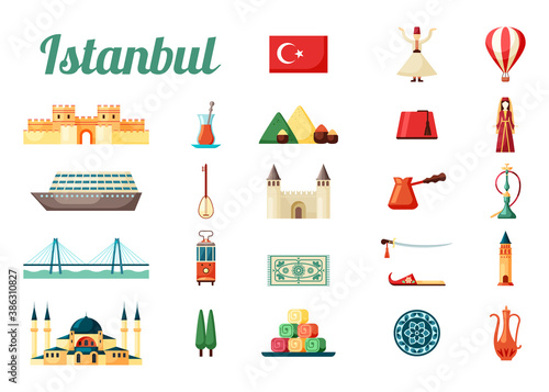 Istanbul turkey culture set. Medieval fortress national flag with crescent moon star ancient big mosque dancing dervish oriental sweets variety of spicy spices red hookah. Cartoon vector.